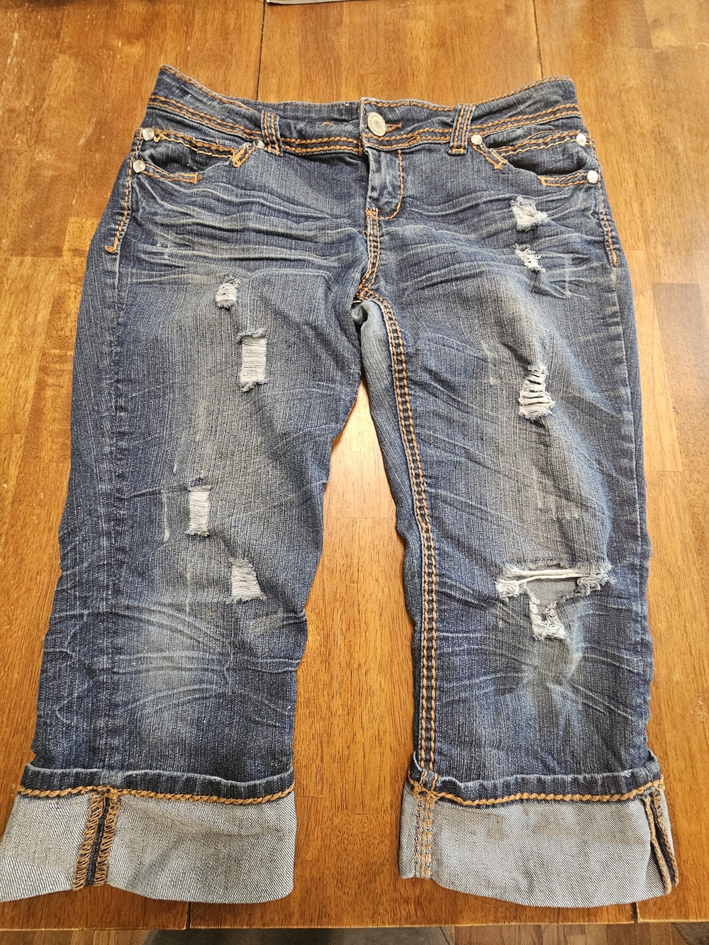 Almost Famous Dark Blue Distressed Cropped Capris